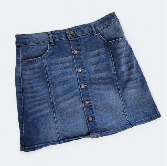 Copper Key Denim Button-Front Skirt Size XL Pockets Distressed Jeans - Picture 1 of 12